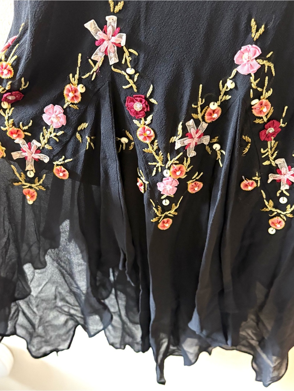 Vintage 90s Sue Wong black silk floral beaded asymmetrical hem dress - Picture 7 of 10